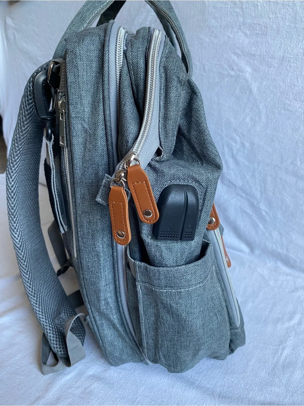 Derjunstar Gray Quilted Baby Backpack Diaper Bag with Accessories Portable